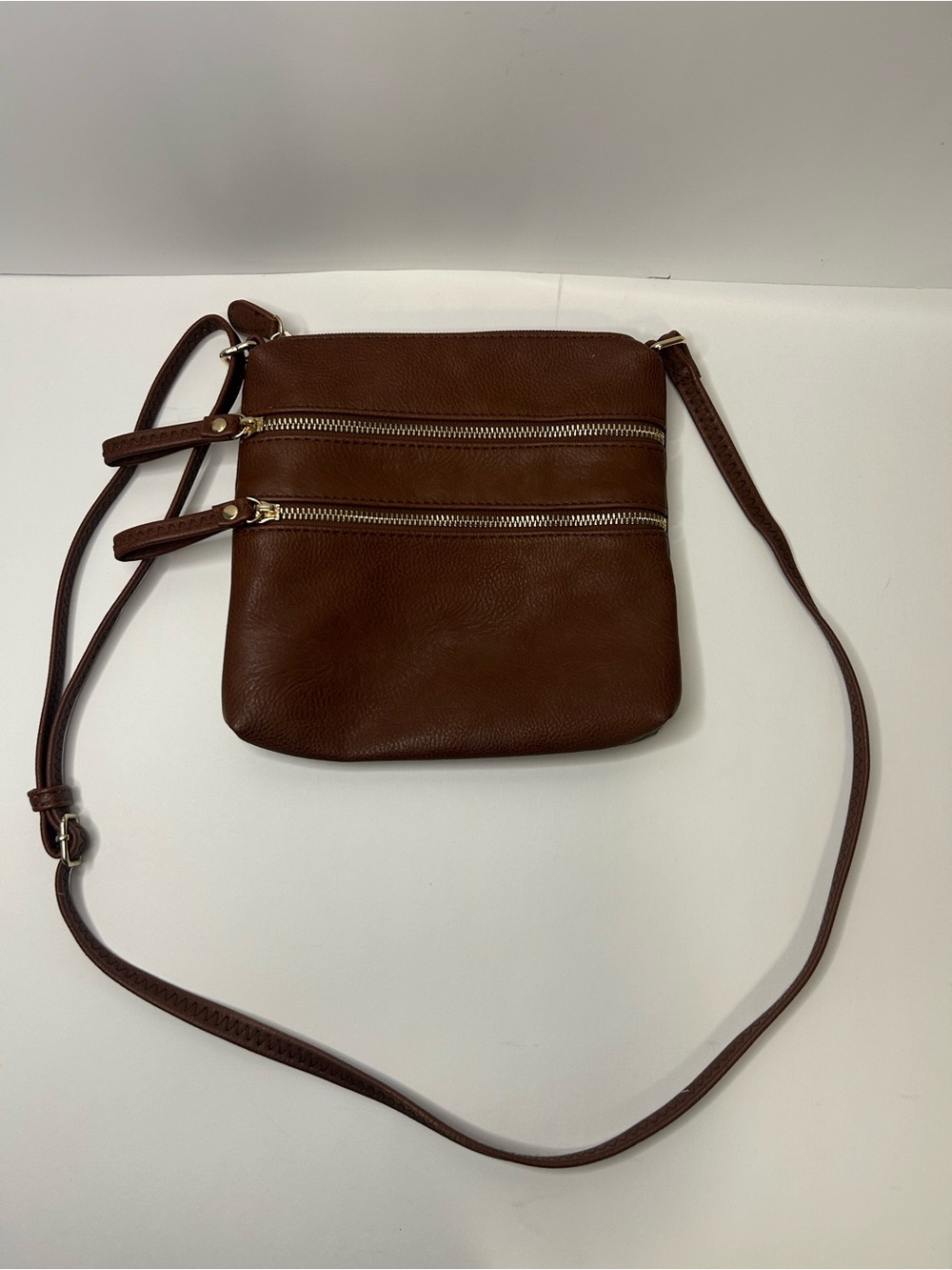 Brown Leather Crossbody Bag with Dual Zippers - Brand Solene